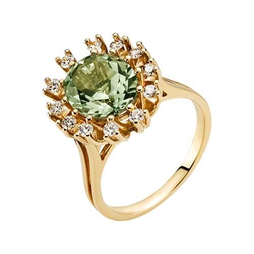 Elegant 14 kt. Guld Ring med Grøn Ametyst og Diamanter