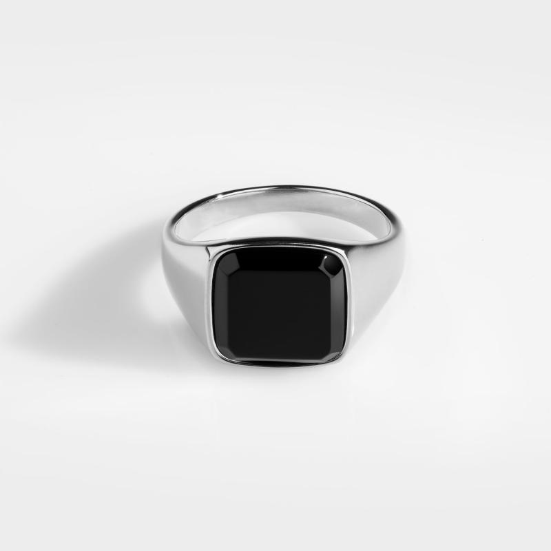 Elegant Sølvtonet Ring med Black Onyx til Mænd - Livstidsgaranti