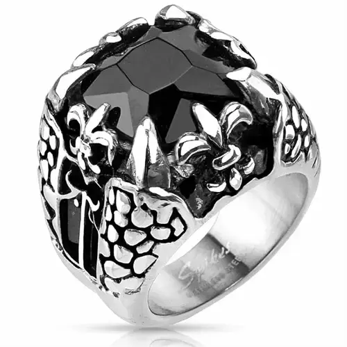 Elegant herre ring med sort agat og Fleur De Lis design