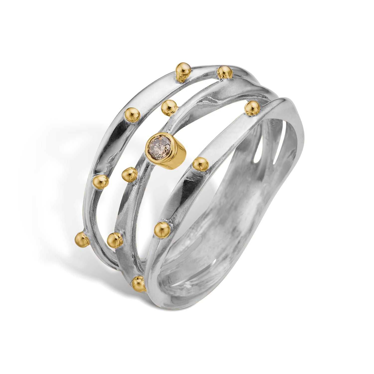 Bybirdie Ring Birdie Lotus Trio Sølv Ring Med 14kt Guld Diamant 50110388a - Bybirdie Fingerringe