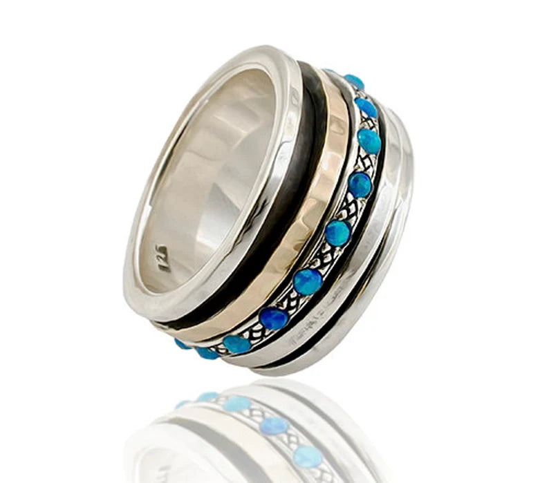 Bred Spinner Ring Sølv Med Opal Guldbelagt Skinne - Niibuhr Jewelry Fingerringe
