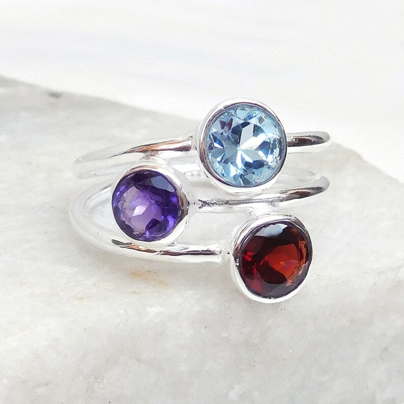 Ring Med Multifarvede Sten Blå Topaz Lilla Ametyst & Rød Granat - Niibuhr Jewelry Fingerringe