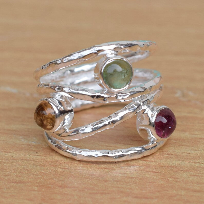 Grøn Ring Med Multifarvede Turmalin Sten Pink & Brun - Niibuhr Jewelry Fingerringe